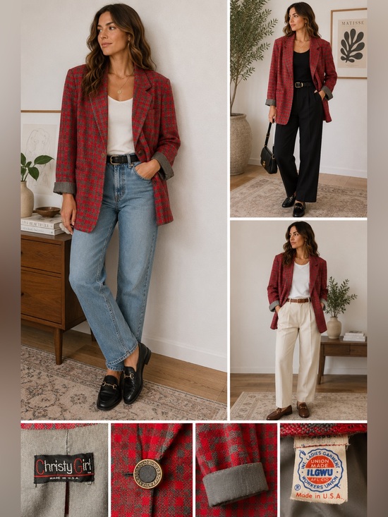 Vintage Jackets & Blazers - VTG Christy Girl Union Made Plaid Rayon Blazer Red Gray Structured Jacket Size 8